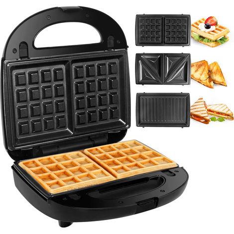 Appareil à Croques Monsieur Gaufrier 3 en 1 Machine à Sandwich Maker Gauffre Presse Toaster Pain Plaques Remplaçables 750W - Noir (1/5)