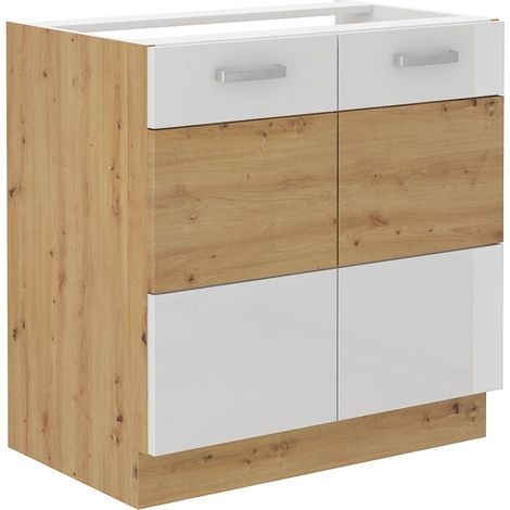 Spülenschrank 80 cm Eiche Artisan + Weiß Hochglanz Küchenzeile Küchenblock Küche (1/4)