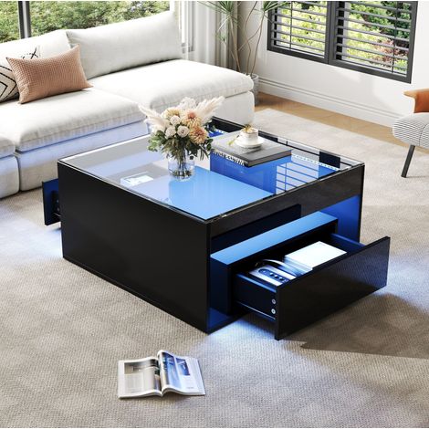 Table basse carrée en MDF noir et verre trempé 70 x 70 cm avec 2 tiroirs et LED (1/5)