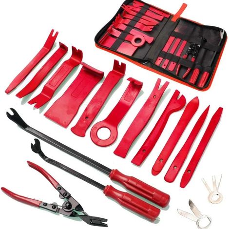 Ensemble de 19 pièces d'outils pour le démontage audio des panneaux de portières de voiture, comprenant un levier, un tournevis, une pince à phares et des clips. (1/5)