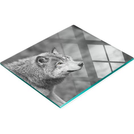 Tablero de vidrio decorativo multifuncional con estampado de lobo gris, 60x52 cm.