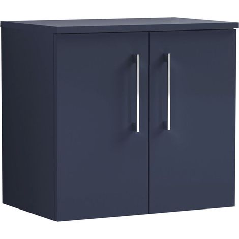 Balterley Bramshall Modern Bathroom 600mm Wall Hung 2-Door Vanity Unit with Worktop, Soft Close Doors, Midnight Blue