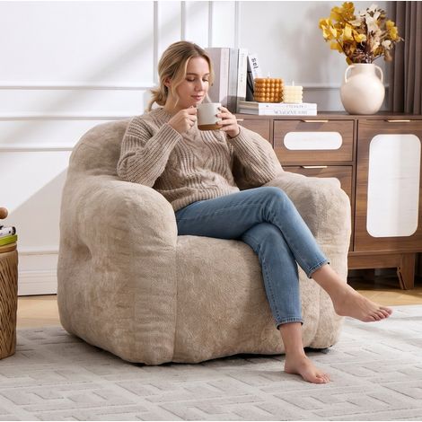 Sitzsack mit Armlehnen, ergonomische Rückenlehne, hochdichte Schaumstofffüllung, Kunstfell, beige (1/5)
