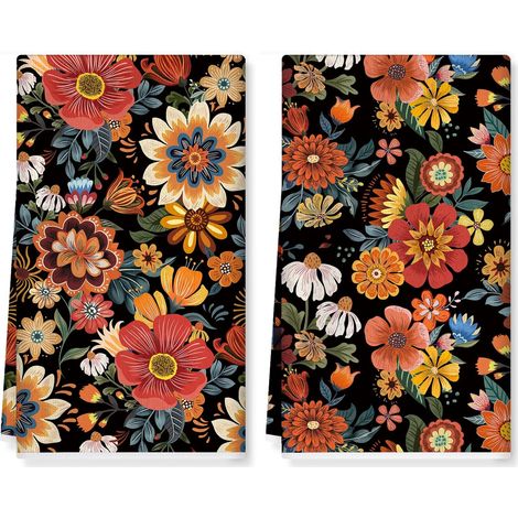 Torchons de Cuisine Boho Fleurs Vaisselle Lot de 2, Serviettes de Cuisine Noir Rétro Torchon Vaisselle, Doux Et Super Absorbant Accroche Très Serviettes de Bar 42 X 70 Cm (1/5)