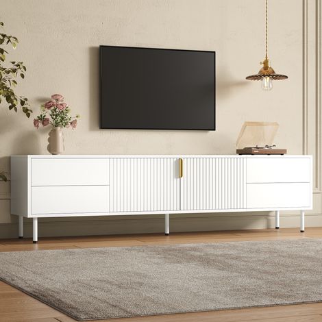 Mueble tv 180x40x49.5cm mesa para televisión de salón con 4 cajones y 2 puertas acanaladas - bajo tv moderno de mdf y metal - blanco (1/5)