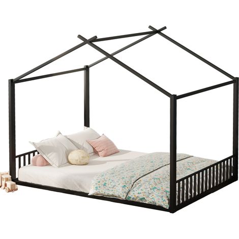 Cama infantil 140x200 cm con estructura de metal negra, diseño en forma de casa, robusta y estable, fácil de montar y de limpiar, ideal para dormitorio  CHICFURN (1/5)