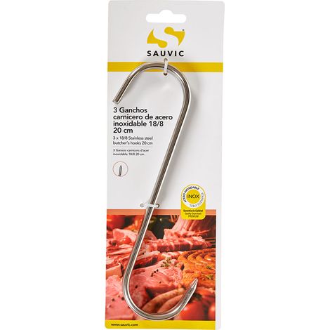 Confezione blister da 3 ganci da macellaio, lunghi 20 cm e spessi 5 mm, realizzati in acciaio inox 18/8.