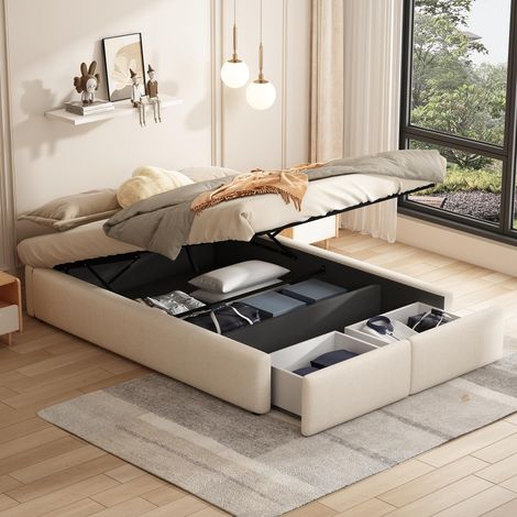 Lit Coffre Hydraulique 160x200 cm avec 2 Tiroirs - Sommier Relevable et Rangement Pied de Lit - Revêtement Lin Gris/Beige - Design Minimaliste sans Tête de Lit