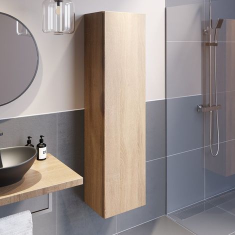 Bathroom Oak Wall Hung Vanity Unit Cabinet Storage Unit 1380mm Tall (1/4)