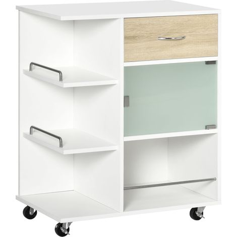 Carrello da cucina a isola con ruote girevoli a 360°, ripiani con binari, 65 x 39 x 80 cm, bianco
