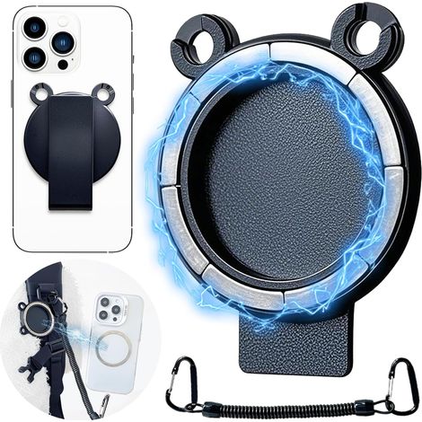 Compatible avec iPhone, Samsung, Google Moto XTJ - Noir - Support de ceinture magnétique avec chaînette antivol, support de téléphone amovible, clip pour sac à dos idéal pour la randonnée, les voyages (1/5)