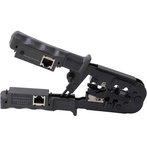 Engarzadora, pelacables y cortadora modular de cables de datos con mecanismo de trinquete para 4P, 6P, 8P, RJ45, RJ11 y RJ12. Herramienta de prueba.