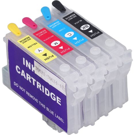 Cartouches d'encre rechargeables 4 couleurs (noir, cyan, magenta, jaune) avec puces permanentes T0631-T0634, compatibles imprimantes, kit de remplacement (1/5)