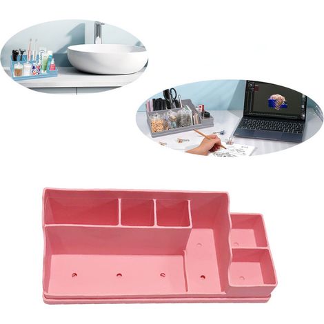 Plateau de rangement de bureau, grande capacité, dimensions 350 x 140 x 110 mm, design compact et durable, parfait pour la salle de bain et le bureau, rose (1/4)