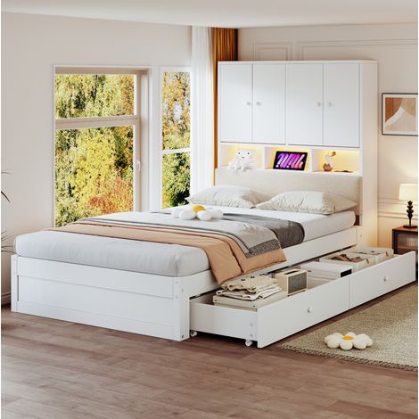 Etagenbett 90/200 cm Weiß mit gepolsterter Rückenlehne, LED, Steckdose und Stauraum (1/5)