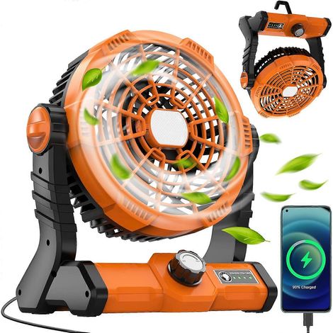 Ventilateur de camping rechargeable avec batterie de 20 000 mAh, lumière LED et crochet, rotation à 270°, vitesse continue, ventilateur USB portable, idéal pour les tables, les bureaux, etc. (1/5)