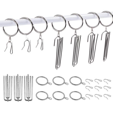 Lot de 120 pièces Anneaux de Rideau Argentés 30 mm 1,18 pouces en Métal avec Crochets à Pince à Plis pour Rideaux et Crochets à 4 Branches en Acier Inoxydable avec Épingles à Crochet pour (1/4)