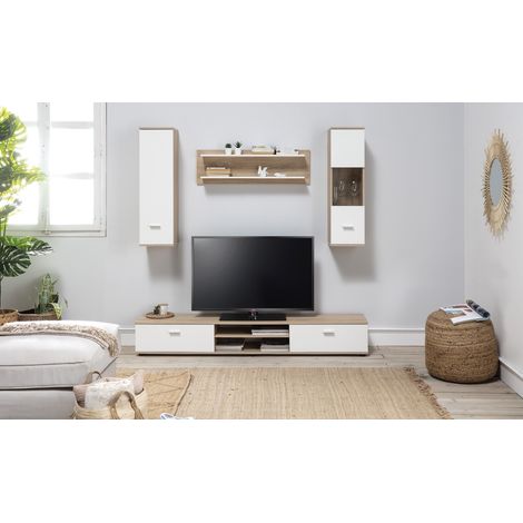Ensemble TV coloris Chêne Cambrian / Blanc -PEGANE- (1/2)