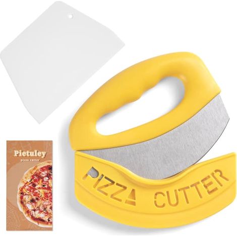 Nouvelle roulette à pizza avec couvercle et spatule en plastique, planche à bascule pour roulette à pizza, ustensiles de cuisine, four à pizza, kit à pizza jaune (1/5)