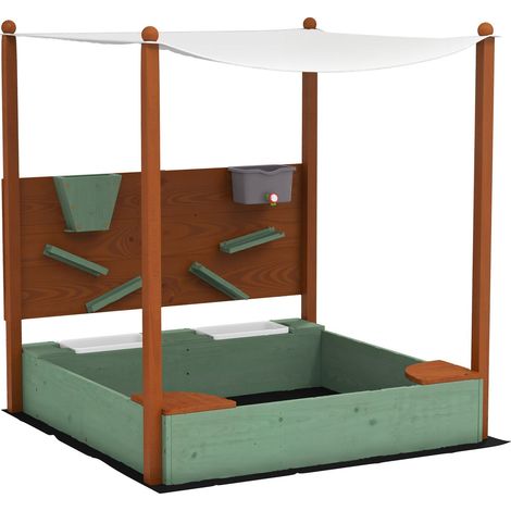 Sandkasten mit Dach, 116 x 112,5 cm Sandkiste aus Holz Sandbox mit Sitzfläche, 2 Behältern, Sand- und Wasserspielzeug, Eimer mit Wasserhahn für 3-6 Jahre Kinder Grün Aosom