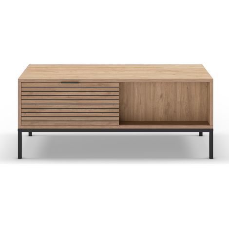 Table basse, table de salon aspect bois avec 2 tiroirs coloris naturel, pieds en métal coloris noir - Longueur 110 x Profondeur 55 x Hauteur 45 cm (1/5)