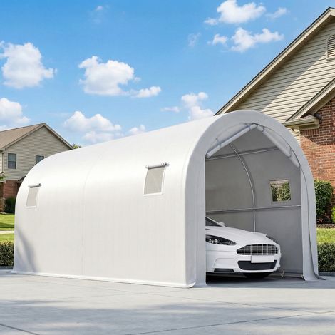 Garage per auto da esterno impermeabile 3x6 m con tessuto PE resistente, telaio in metallo zincato, protezione UPF 30+, colore bianco.