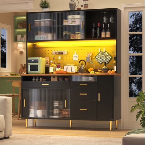 Aparador alto 145 x 39 x 171 cm con LED, puertas de vidrio, MDF, metal y negro OKMYHOME (1/5)