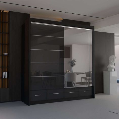 Modern High Gloss Sliding Wardrobe with LED & Mirror - Black203cm