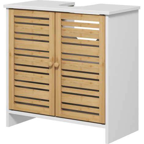 Weißer Waschtisch aus Bambus, 60 x 30 x 60 cm, 2-türiger Waschtischunterschrank mit verstellbarem Einlegeboden