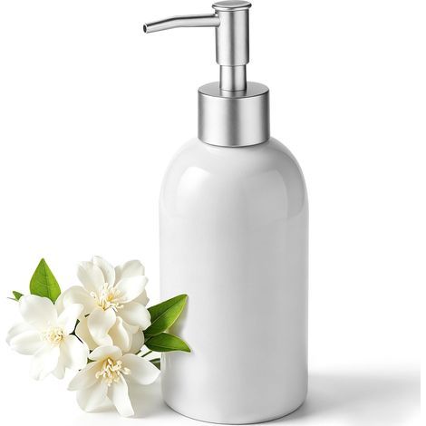 Distributeur Savon Céramique, 350 ML Flacon Pompe Vide(Blanc) Réutilisable Distributeur Shampoing avec Tête Argentée de Pompe (1/5)