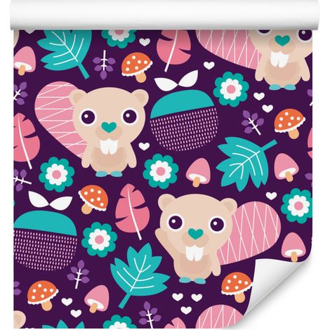 Papel pintado con animales del bosque y hojas para salón y dormitorio, 50x1000 cm. (1/5)