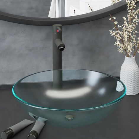 Lavabo de bain avec robinet et drain à poussoir Verre trempé (1/5)