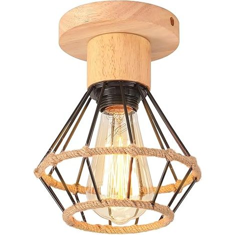 Plafonnier Luminaire E27 Intérieur Lampes de Plafond Abat-Jour Métal et Bois Lustre Suspension Chanvre Corde Industrielle Ø160mm Séjour Chambre Cuicine (1/5)