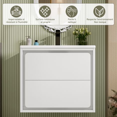 Meuble sous vasque de salle de bain mural 60x46x50cm, finition laquée, éclairage LED à capteur radar, deux tiroirs, glissières silencieuses, vasque intégrée, blanc (1/5)