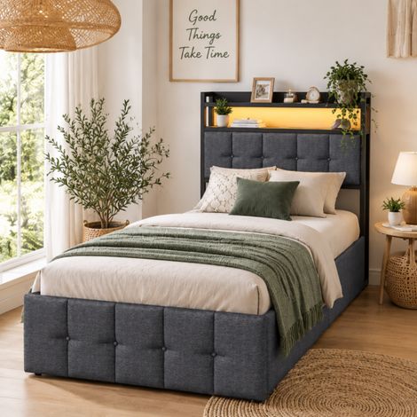 Lit coffre 90x200 avec LED et USB/Type C, Lit rembourré 1 Personne avec barre de maintien pour matelas, lit simple, cadre de lit avec tête de lit rangement, Gris, lin, Matelas non compris, MDF (1/5)