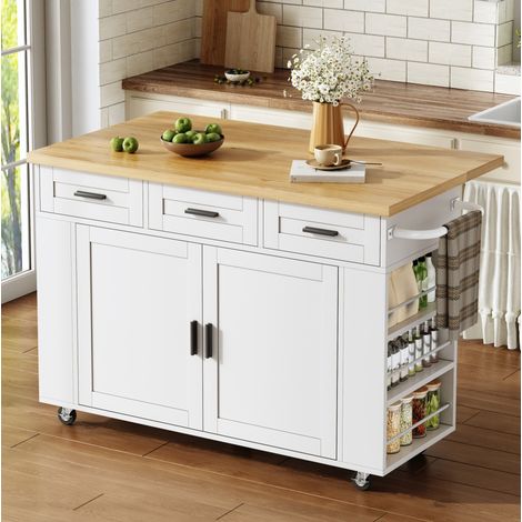 Isola cucina mobile con piano ribaltabile, 120 x 70 x 84 cm, MDF, prese e ruote HAVRYA (1/5)