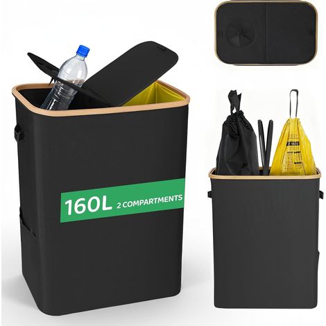 160L Collecteur de Bouteilles Avec Couvercle, 2 Compartiments Poubelle de Recyclage Poubelle Tri Selectif pour Plastique, Bouteilles Verre, Poubelle Exterieur de Recyclage avec Trou, (1/5)