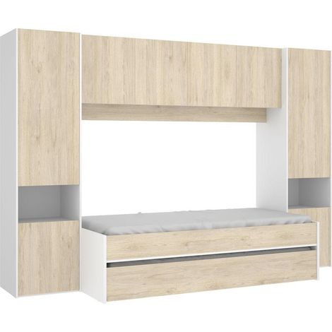 Lit enfant gigogne 90 x 190 cm coloris blanc /chêne + armoire - Longueur 302 x Hauteur 203 x Profondeur 97 cm -PEGANE- (1/5)