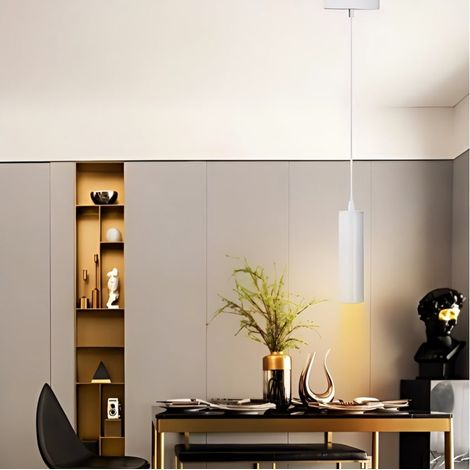 Suspension Lumineuse Cylindrique Métal Blanc Douille GU10 Design Moderne Élégant Adaptée Salon Cuisine Intérieur