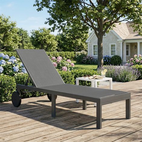 Lit de repos de jardin respirant, chaise longue en aluminium avec dossier réglable sur 6 positions, roulettes, transat solaire pour terrasse et piscine. (1/5)