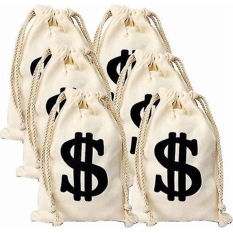 Lot de 6 sacs à cordon en toile, sacs cadeaux, motif dollar (1/5)