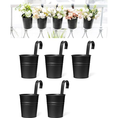 Lot de 5 Pots de Fleurs à Suspendre en Fer Noir avec Crochet Amovible, Intérieur et Extérieur (1/5)