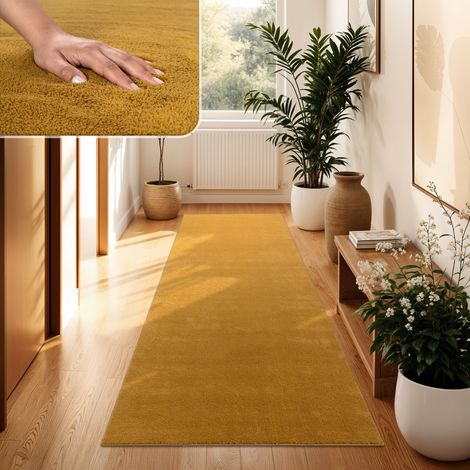 Paco Home Alfombra Salón Pelo Corto Lavable Monocolor Moderna Suave Amarillo Amarillo mostaza 80x300 cm