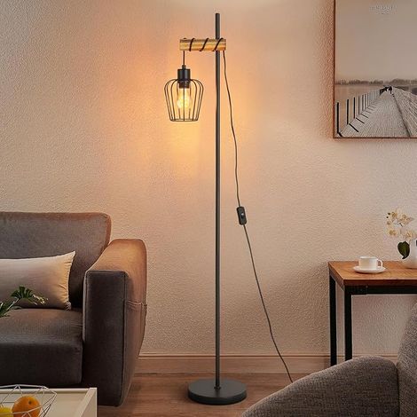 GBLY Stehlampe Wohnzimmer Holz Stehlampe Vintage Schwarze Wohnzimmerstehlampe Industriedesign aus Metall E27-Fassung 146 cm Retro Stehlampe für Schlafzimmer (ohne Glühbirne)
