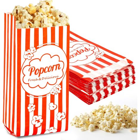 Lot de 100 sacs à pop-corn jetables en papier - Sachet rayé rouge et blanc pour fêtes, anniversaires et événements (1/5)