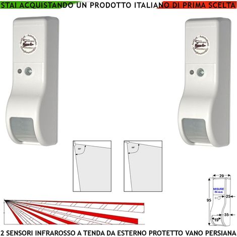 Rilevatore Movimento Infrarosso Tenda Esterno 2 Pezzi Vano Persiana Dual Pir Rileva Estraneo Invia Allarme Portata 8 MT 60° Vert. 7° Oriz. Alimentazione 12 V Assorbimento 10 mA Cover Bianco ABS IP31 (1/4)