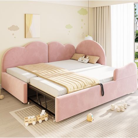 Lit banquette gigogne en L 90 x 200 + 90 x 190 cm, velours rose, tête de lit nuage, lit d'appoint (1/5)