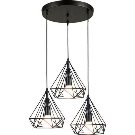 Lustre Antique Diamant 3 Lumières Suspension Luminaire Rétro Plafonnier Noir Industriel Métal Vintage 25 CM (1/4)