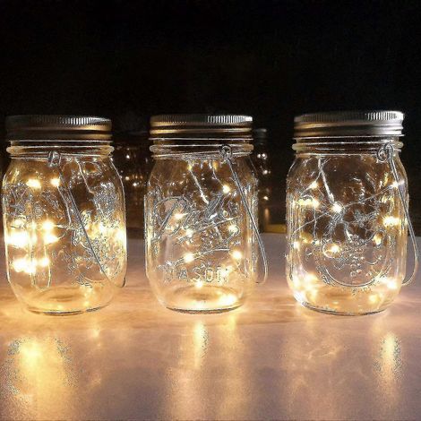 Lanternes solaires pour bocaux Mason, lot de 8, 10 LED, motif lucioles et étoiles féériques, couvercles solaires inclus, 8 crochets. (1/2)