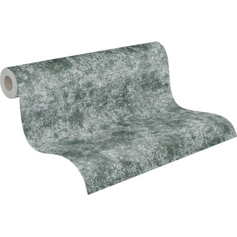Papier peint intissé vert et argent Tapisserie aspect plâtre patiné Papier peint contemporain effet métallique idéal pour couloir (1/5)